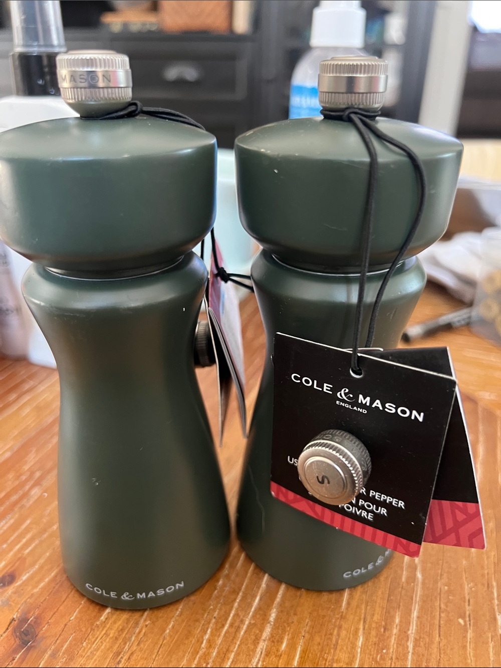 Dark Green Salt and Pepper Mill Set Cole mason.  Flaw on one
